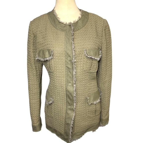 Gossip Blazer Jacket Waffle Knit Sz 48 M-L Green Tan Buttons Up Frayed Italy - Picture 1 of 16